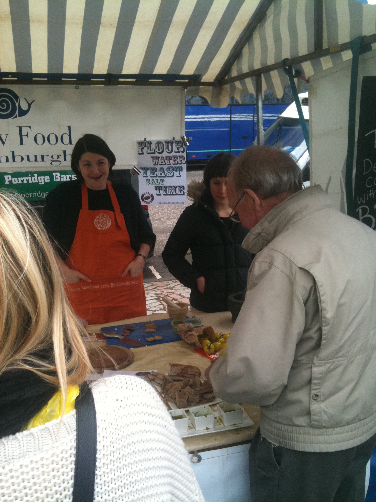 Eleanor discussing bread at the Slow Food Edinburgh Stall